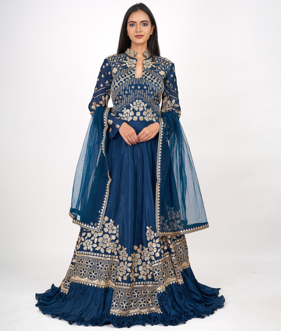 T.Blue Thread Embroidery With Sequins Work Gown
