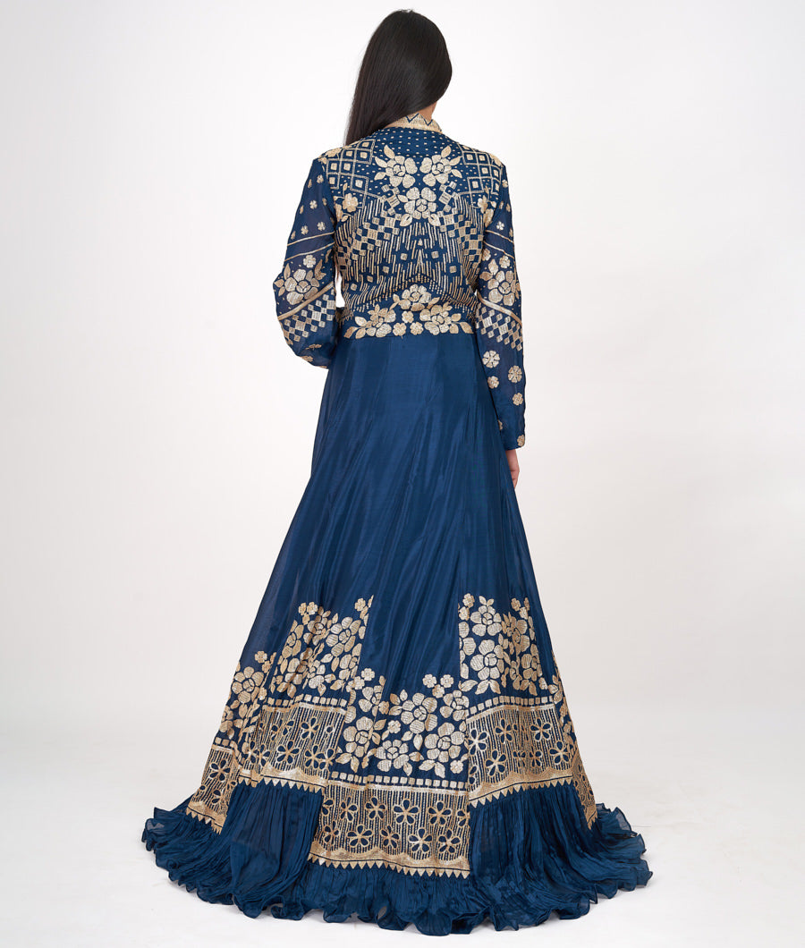 T.Blue Thread Embroidery With Sequins Work Gown