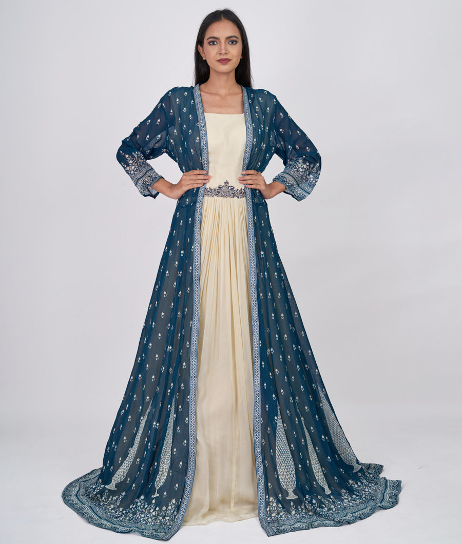 Cream/Blue Floral Print With Micro Stone And Cutdana Work Indo Western Gown Gown