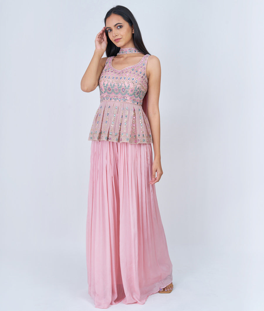 Pink Thread And Zari Embroidery With Pearl And Mirror And Sequins And Jarkan Stone Work Peplum Top With Palazzo Set Salwar Kameez