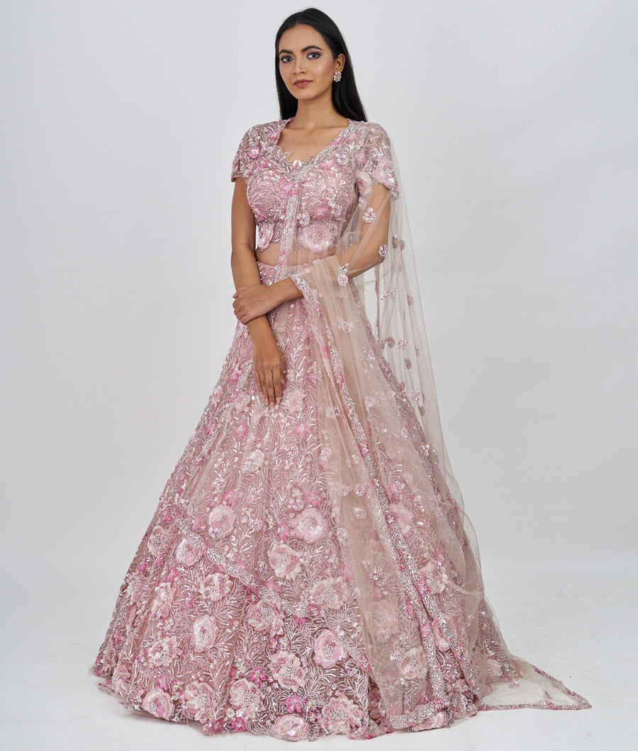 Pink Thread Embroidery With Pearl And Sequins And Cutdana And Jarkan Stone Work  Lehenga_KNG99606
