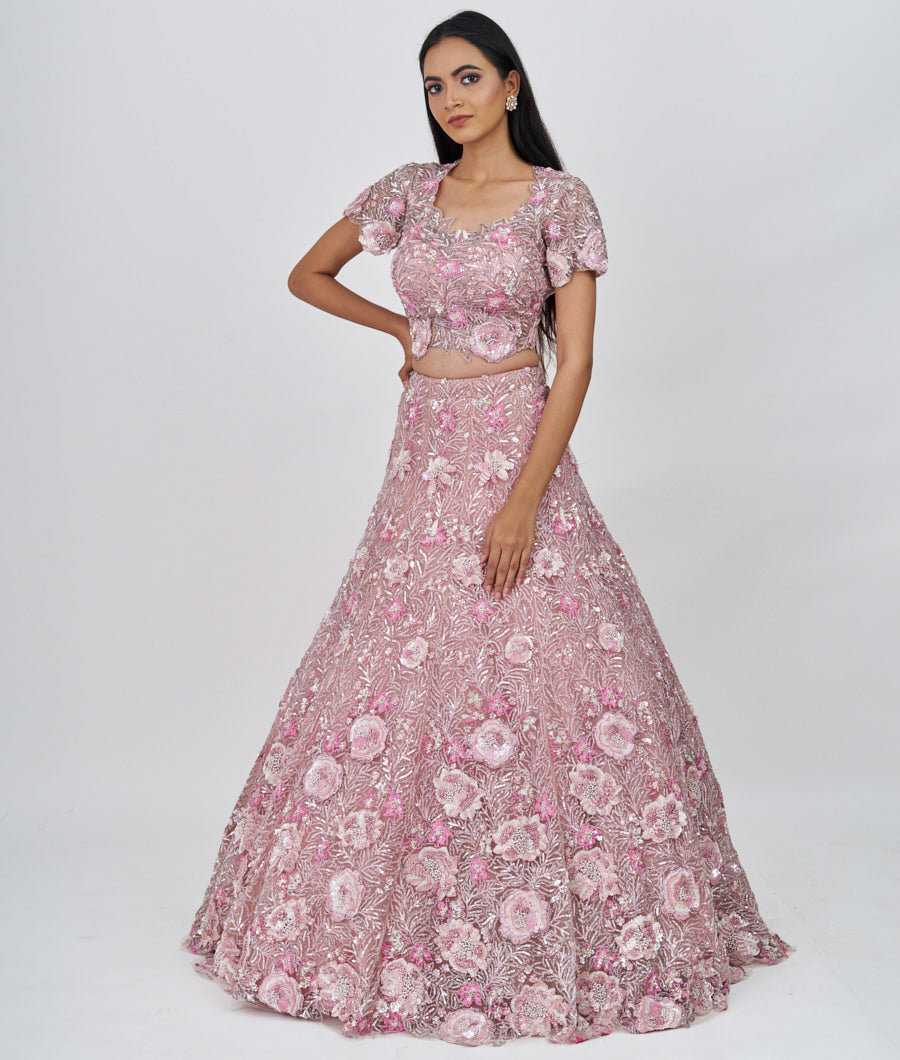 Pink Thread Embroidery With Pearl And Sequins And Cutdana And Jarkan Stone Work  Lehenga_KNG99606