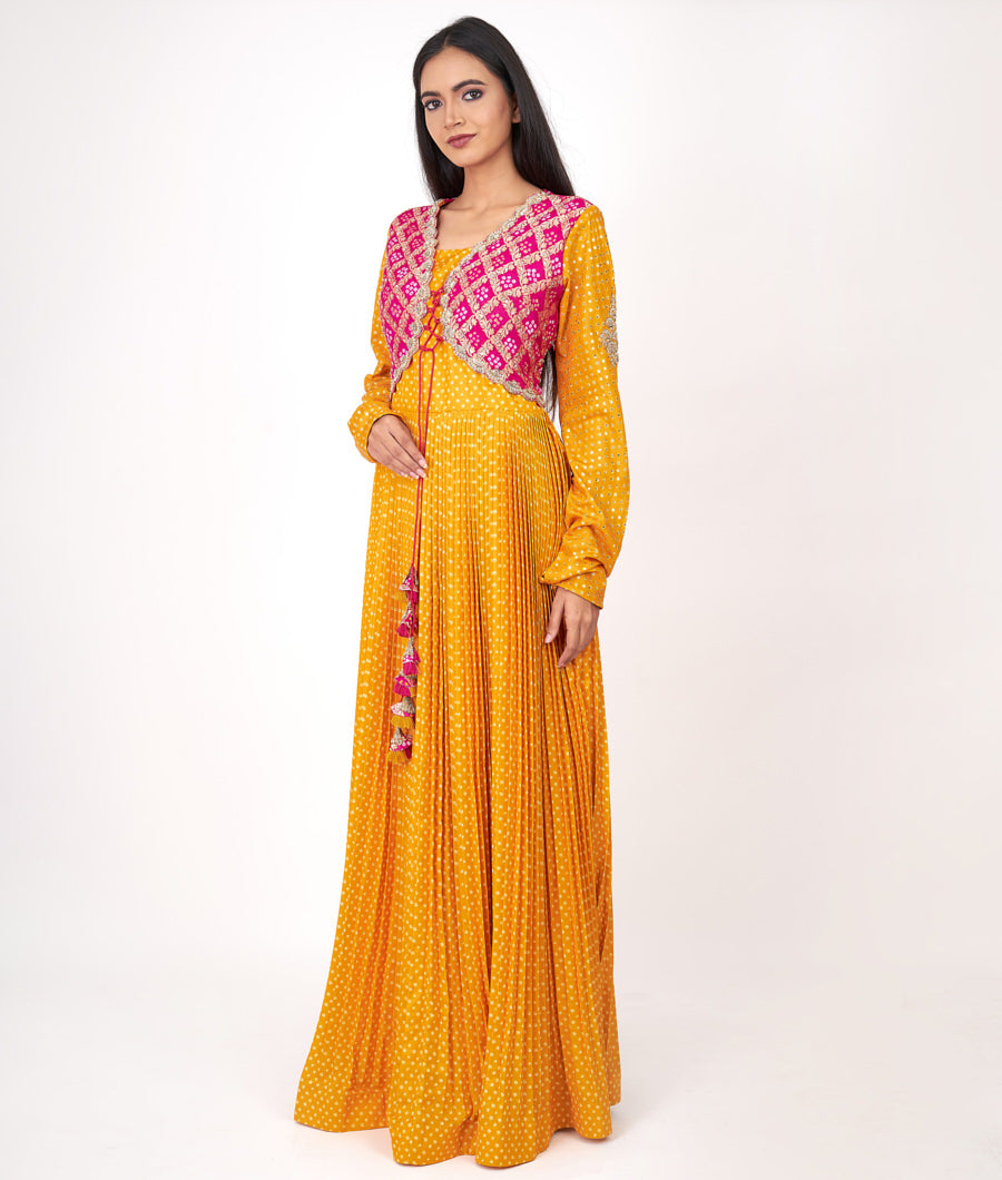 Mustrad-Rani Banarasi Cot With Sequins And Zardosi Work Indo Western Gown