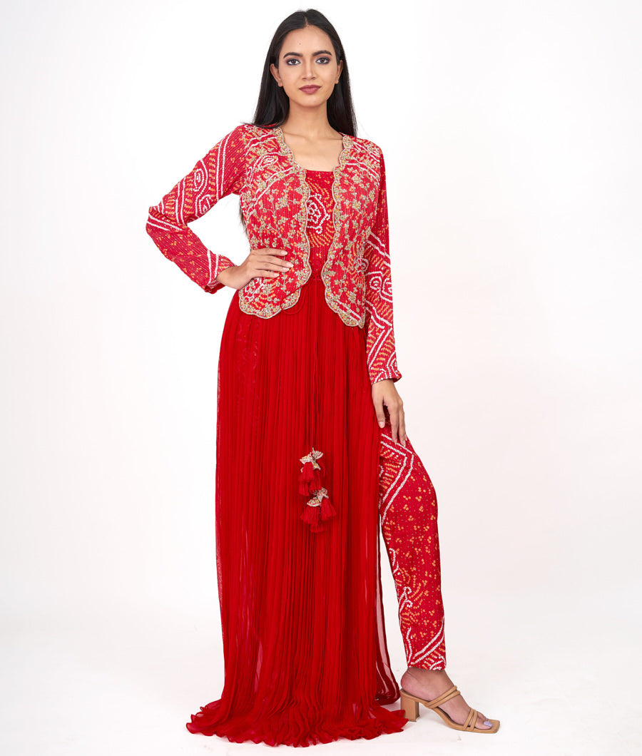 Red/Pink Bandhani Print With Sequins And Zardosi And French Knot Work Indo Western Salwar Kameez