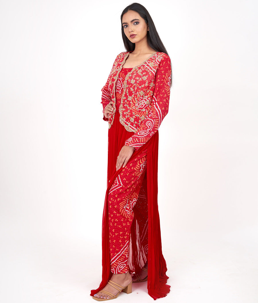 Red/Pink Bandhani Print With Sequins And Zardosi And French Knot Work Indo Western Salwar Kameez