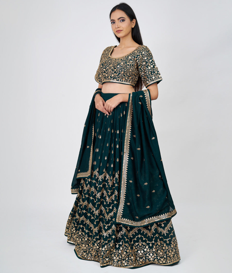Bottle Green Zari Embroidery With Sequins Work  Lehenga_KNG99696