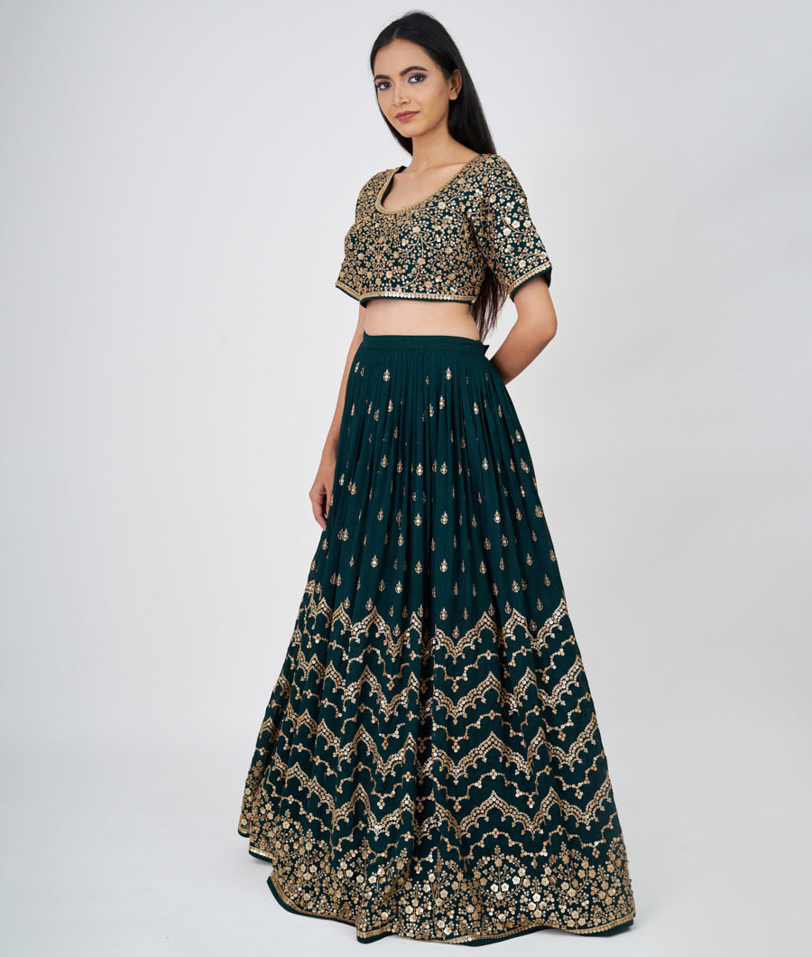Bottle Green Zari Embroidery With Sequins Work  Lehenga_KNG99696