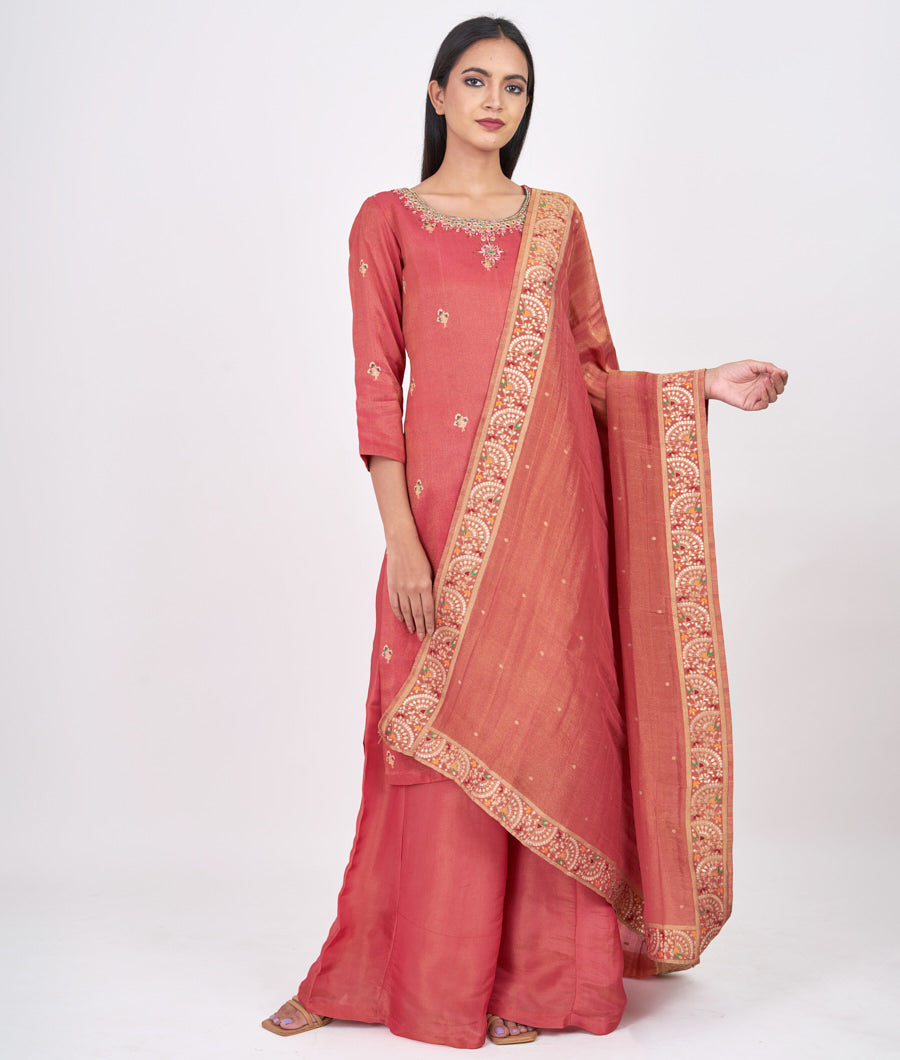 Pink Cutdana With Zardosi And Jarkan Alover Banarasi Zari Weaving Straight Cut Top With Palazzo Set Salwar Kameez