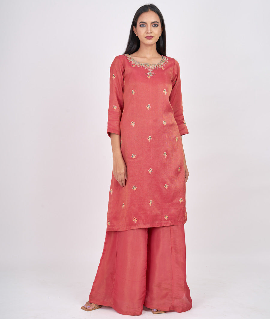 Pink Cutdana With Zardosi And Jarkan Alover Banarasi Zari Weaving Straight Cut Top With Palazzo Set Salwar Kameez