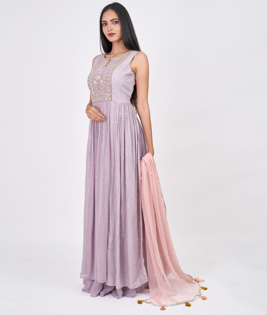 Ligth Purple Pearl With Sequins And Zardosi And Mirror Work Straight Cut Top With Palazzo Set Salwar Kameez
