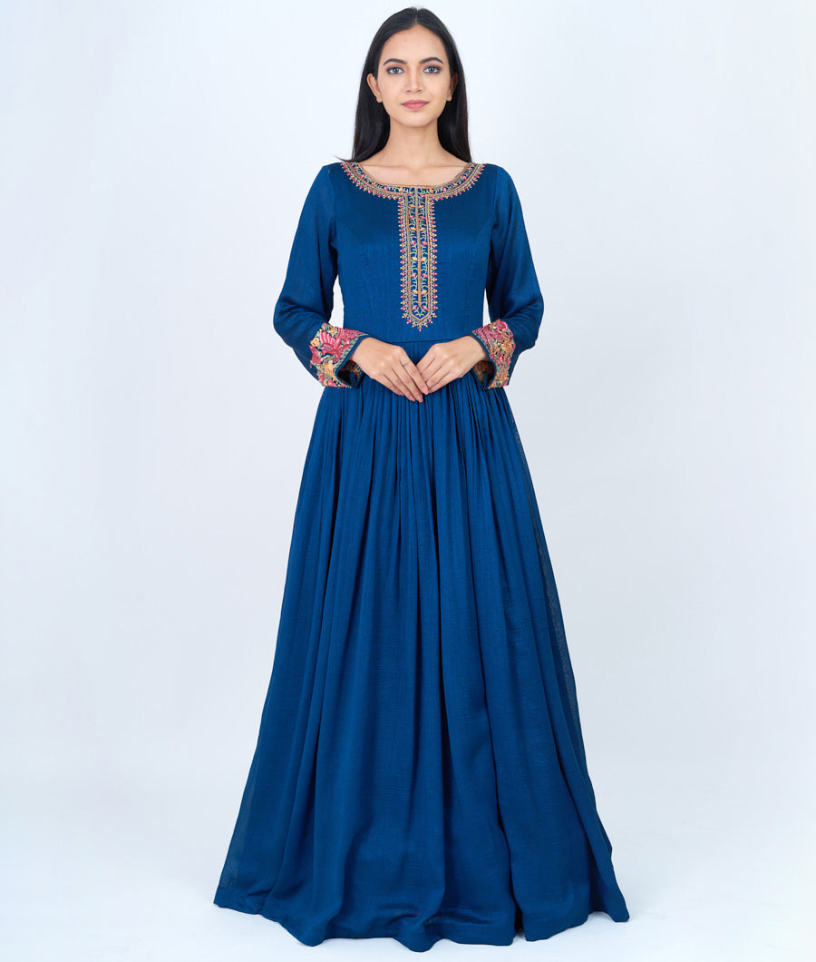 Peacock Blue Alover Multi Color Thread Embroidery With Stone Work Anarkali Gown