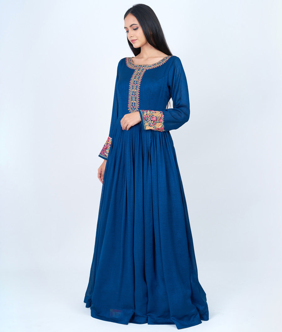 Peacock Blue Alover Multi Color Thread Embroidery With Stone Work Anarkali Gown