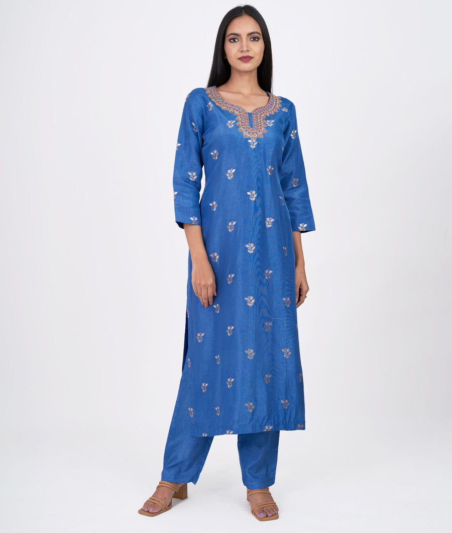 Blue Sequins With Cutdana And Zardosi And Mirror Work Straight Cut Top With Pencil Pants Bottom Salwar Kameez