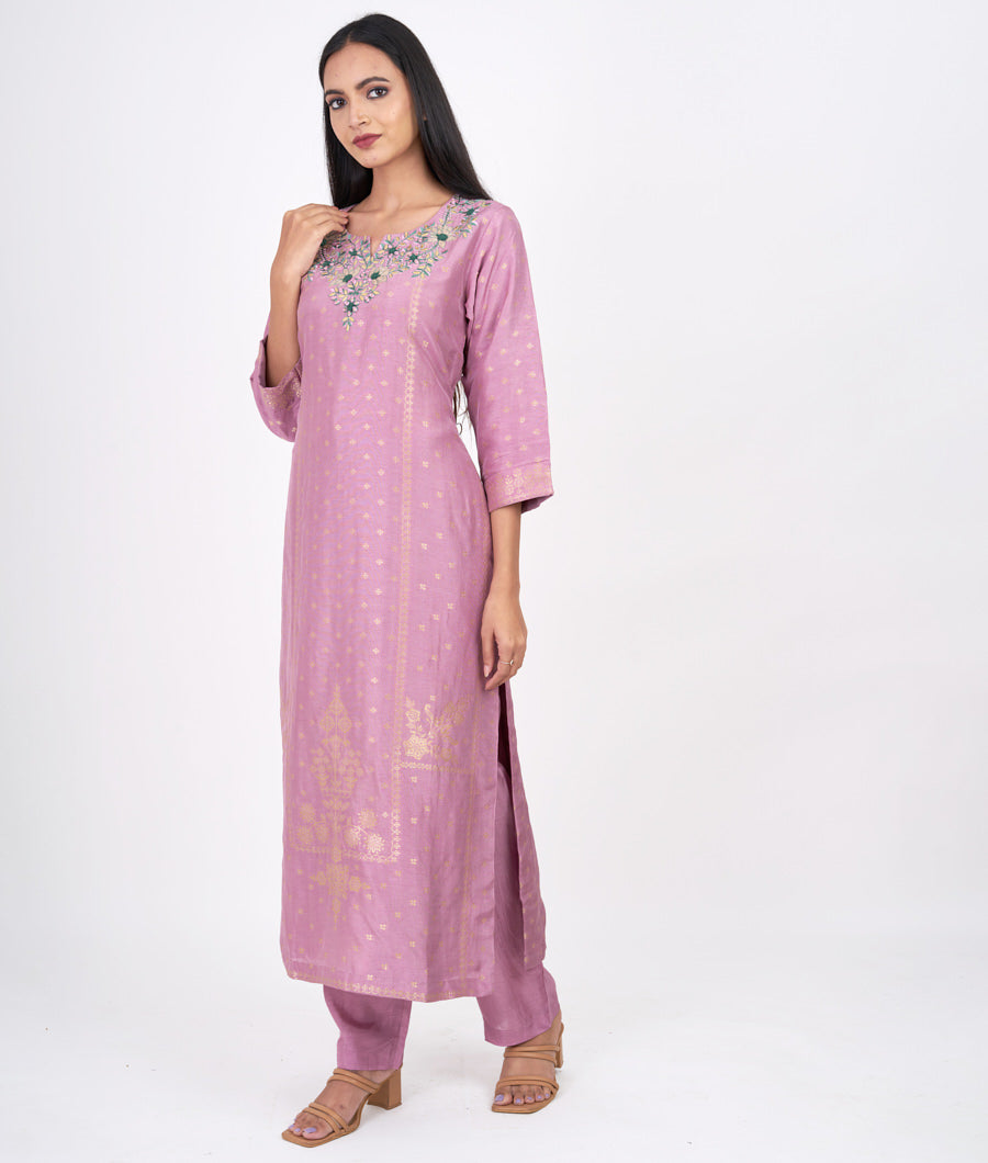 Lavender Thread Embroidery With Gota Patti And Mirror And Alover Banarasi Zari Weaving Work Straight Cut Top With Palazzo Set Salwar Kameez