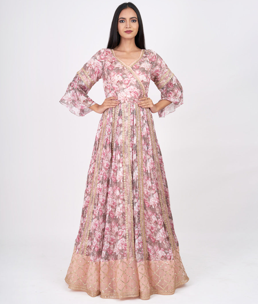 Pink Floral Print With Zari Embroidery With Sequins And Stone Work Anarkali Salwar Kameez