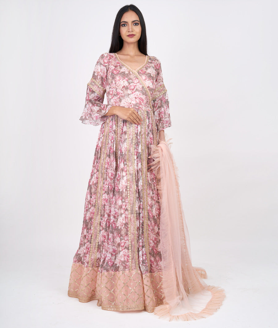 Pink Floral Print With Zari Embroidery With Sequins And Stone Work Anarkali Salwar Kameez