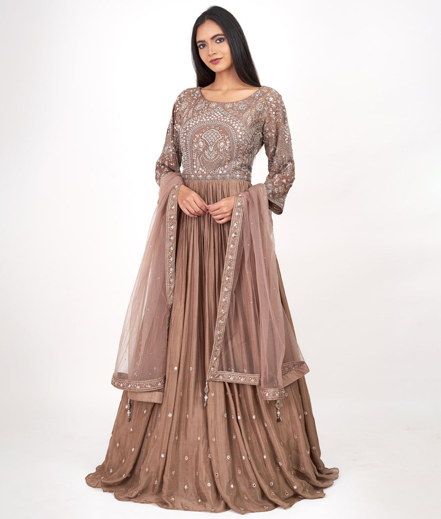 Chiku Thread Embroidery With Cutdana And Mirror And Stone Work Gown Gown