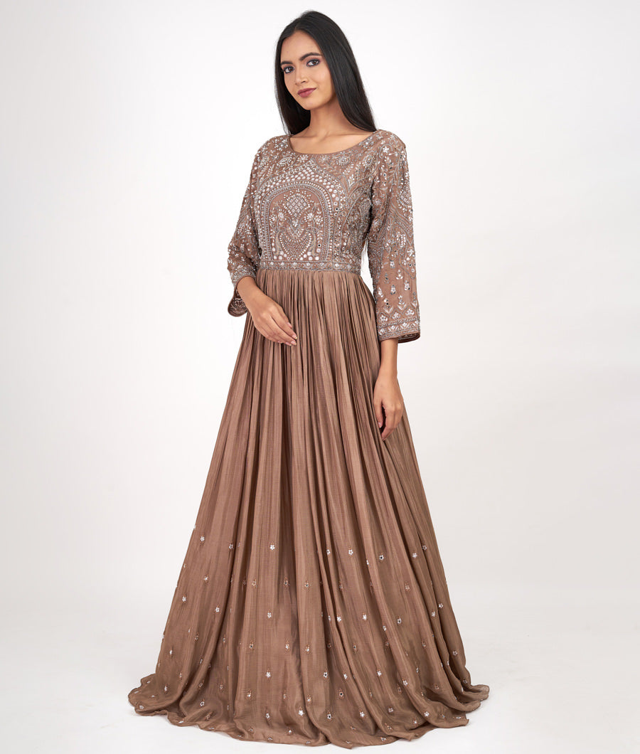 Chiku Thread Embroidery With Cutdana And Mirror And Stone Work Gown Gown