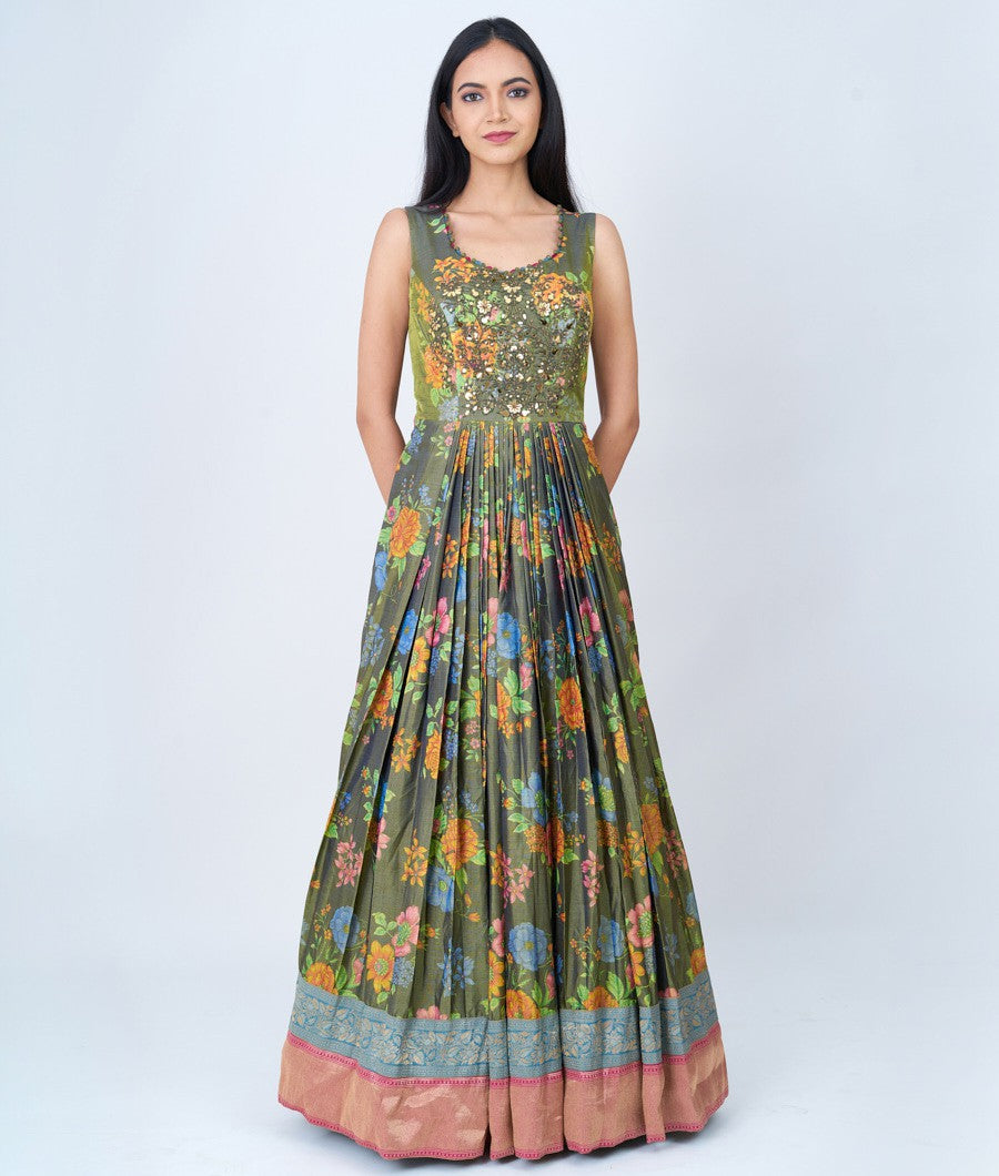 Green Floral With Banarasi Silk Border And Neck Mirror With Cutdana And Thread Embroidery & Dupatta Net With Banarasi Silk Border Anarkali Salwar Kameez