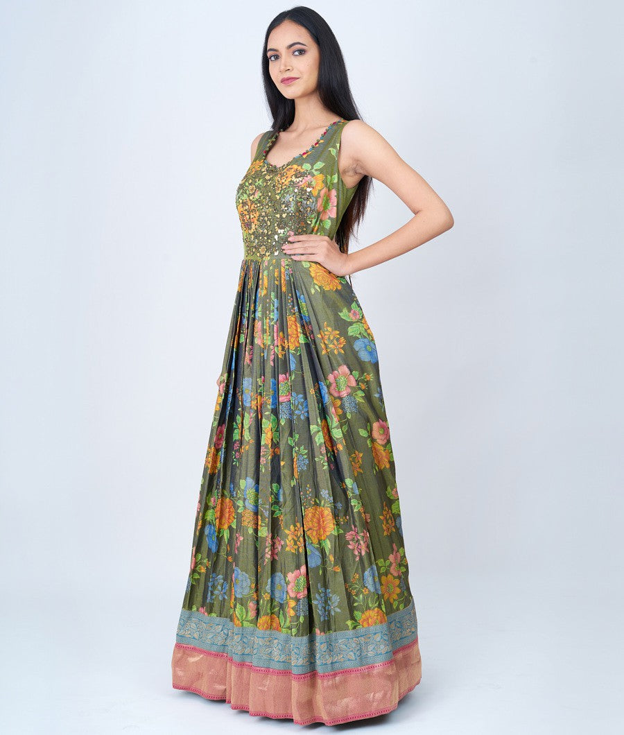 Green Floral With Banarasi Silk Border And Neck Mirror With Cutdana And Thread Embroidery & Dupatta Net With Banarasi Silk Border Anarkali Salwar Kameez