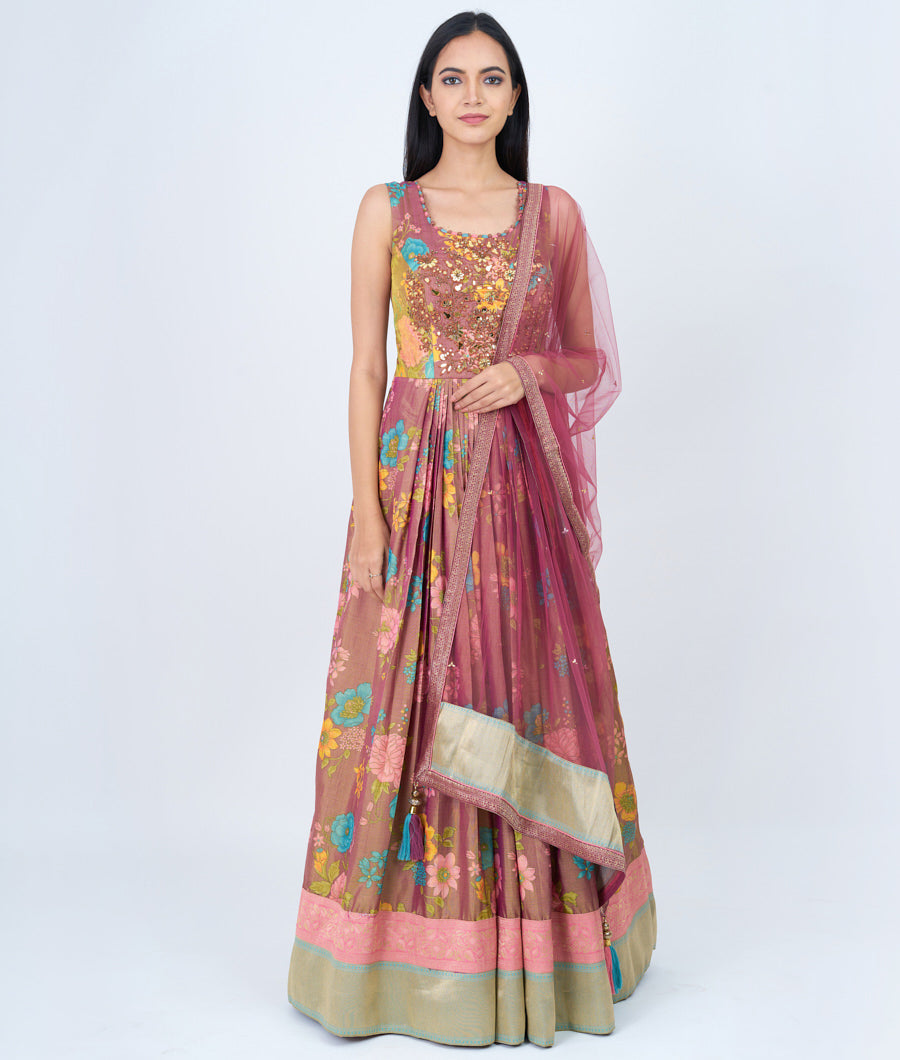 Onion Pink Floral With Banarasi Silk Border And Neck Mirror With Cutdana And Thread Embroidery & Dupatta Net With Banarasi Silk Border Anarkali Salwar Kameez