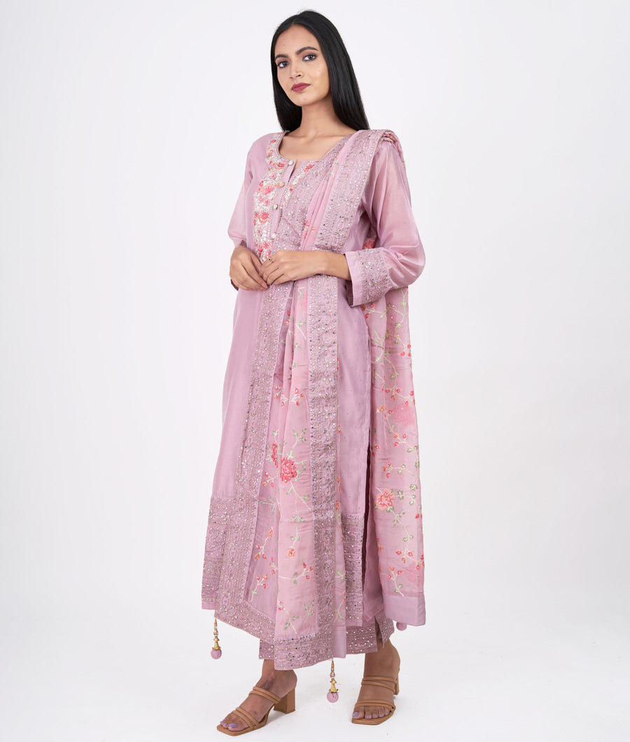 Lavender Multi Color Thread Embroidery With Swarovski Stone Work Straight Cut Top With Pencil Pants Bottom Salwar Kameez