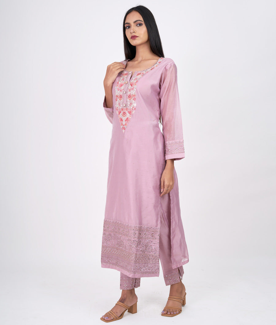 Lavender Multi Color Thread Embroidery With Swarovski Stone Work Straight Cut Top With Pencil Pants Bottom Salwar Kameez