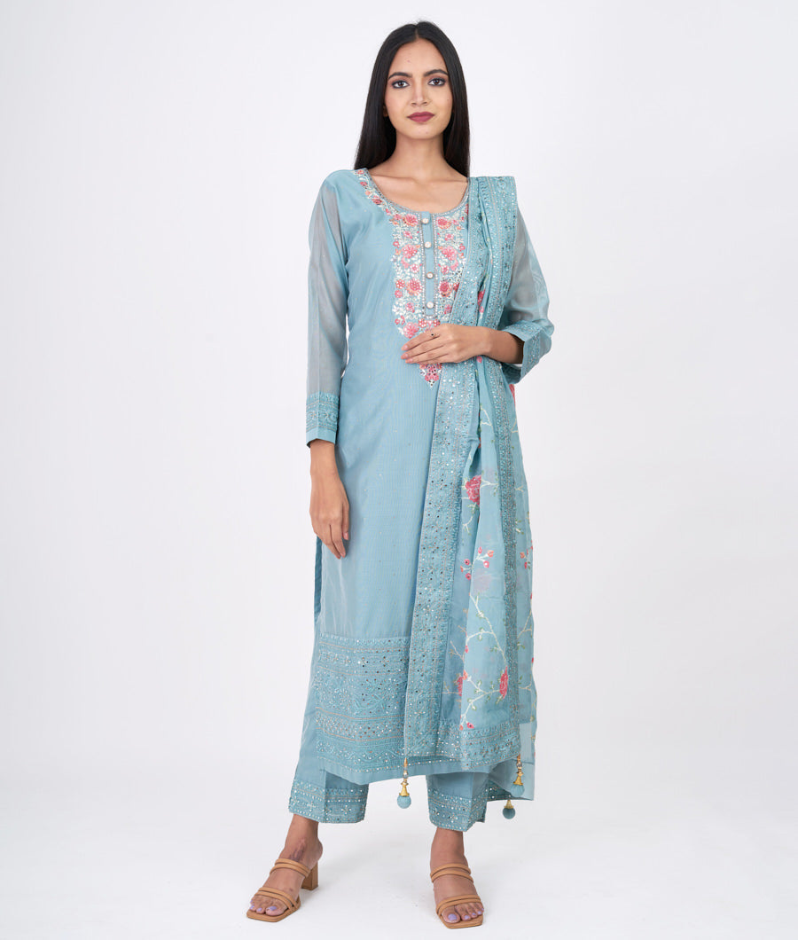 See Blue Multi Color Thread Embroidery With Swarovski Stone Work Straight Cut Top With Pencil Pants Bottom Salwar Kameez