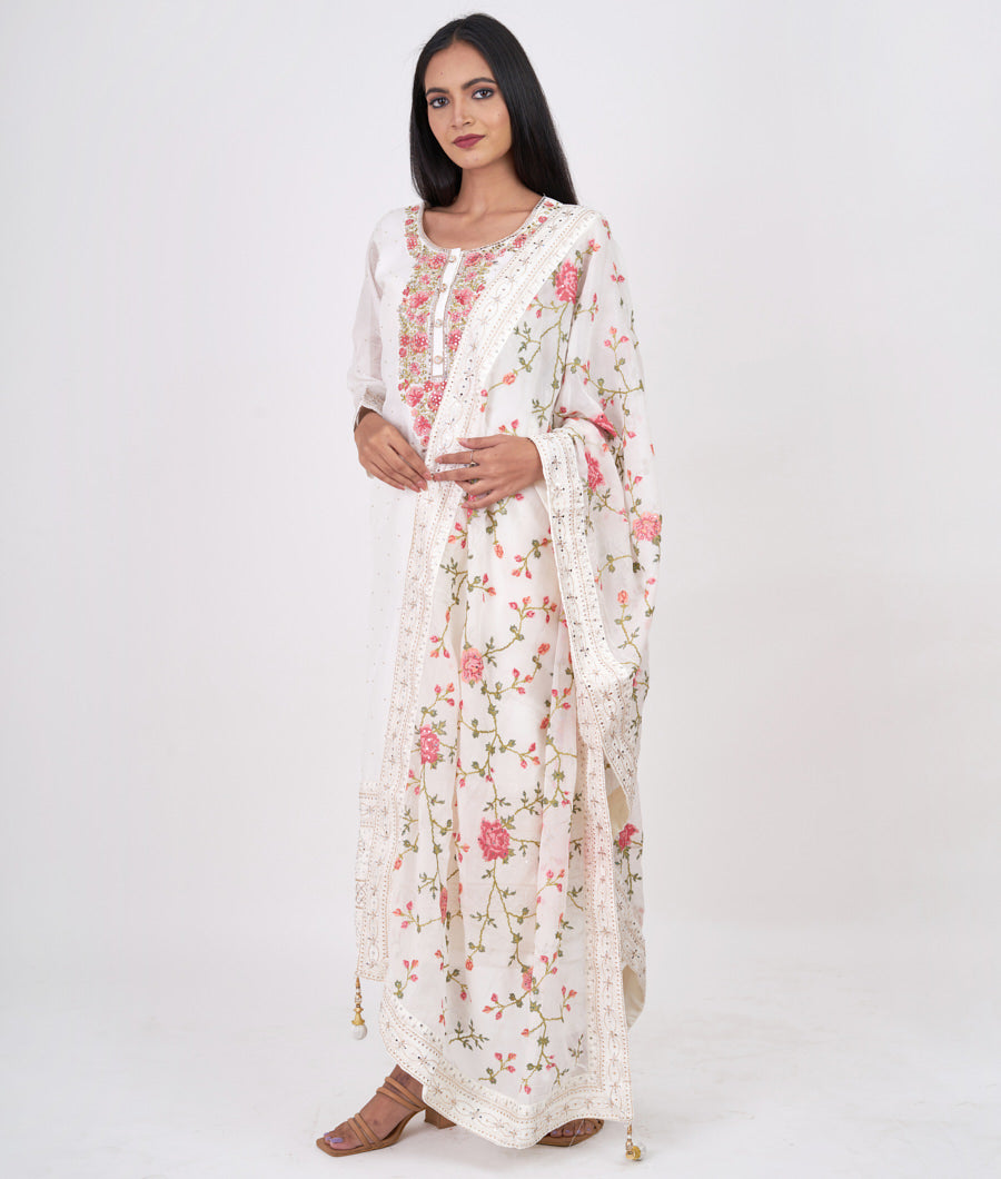 Off White Multi Color Thread Embroidery With Mirror And Micro Stone
And Dupatta Alover Multi Color Thread Embroidery Work Straight Cut Top With Pencil Pants Bottom Salwar Kameez