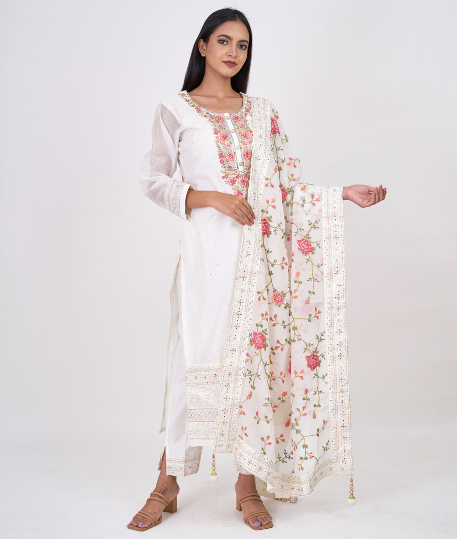 Off White Multi Color Thread Embroidery With Mirror And Micro Stone
And Dupatta Alover Multi Color Thread Embroidery Work Straight Cut Top With Pencil Pants Bottom Salwar Kameez