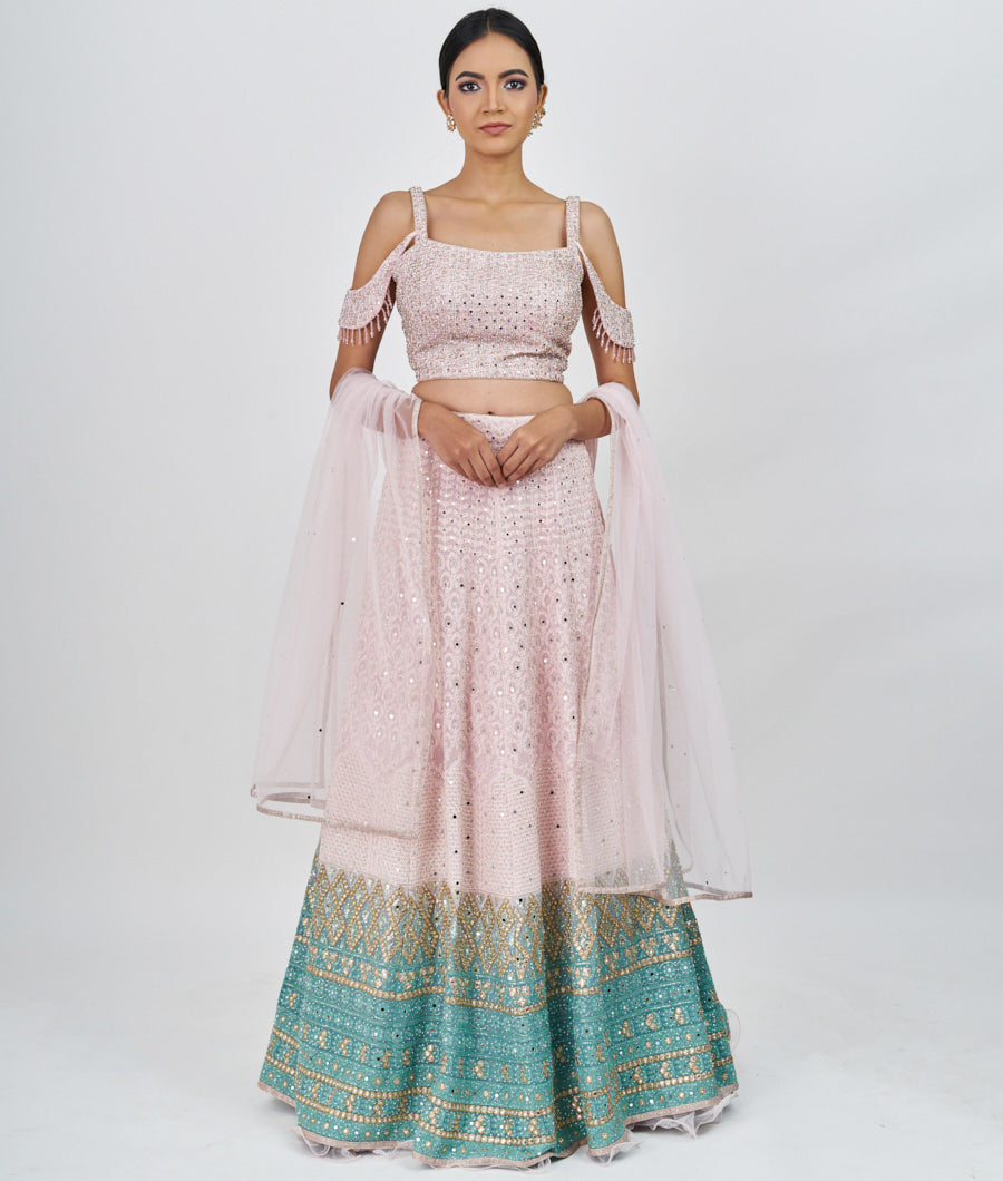 Pink/Green Locknow Embroidery With Sequins And Mirror And Jarkan Stone Work  Lehenga
