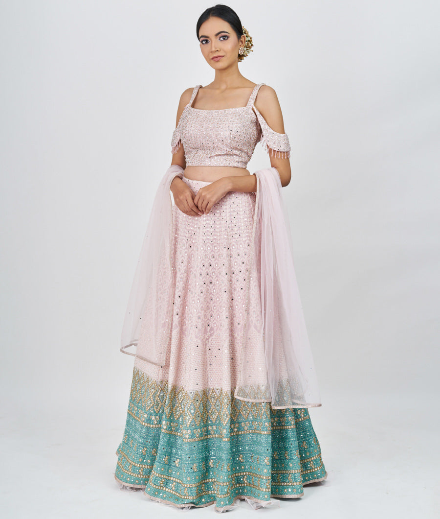 Pink/Green Locknow Embroidery With Sequins And Mirror And Jarkan Stone Work  Lehenga