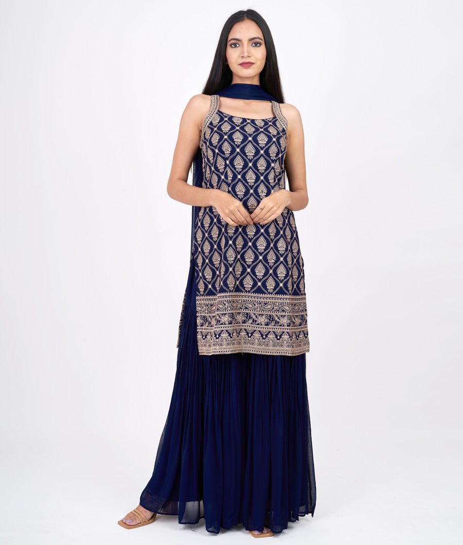 Navy Blue Thread Embroidery Work Straight Cut Top With Palazzo Set Salwar Kameez
