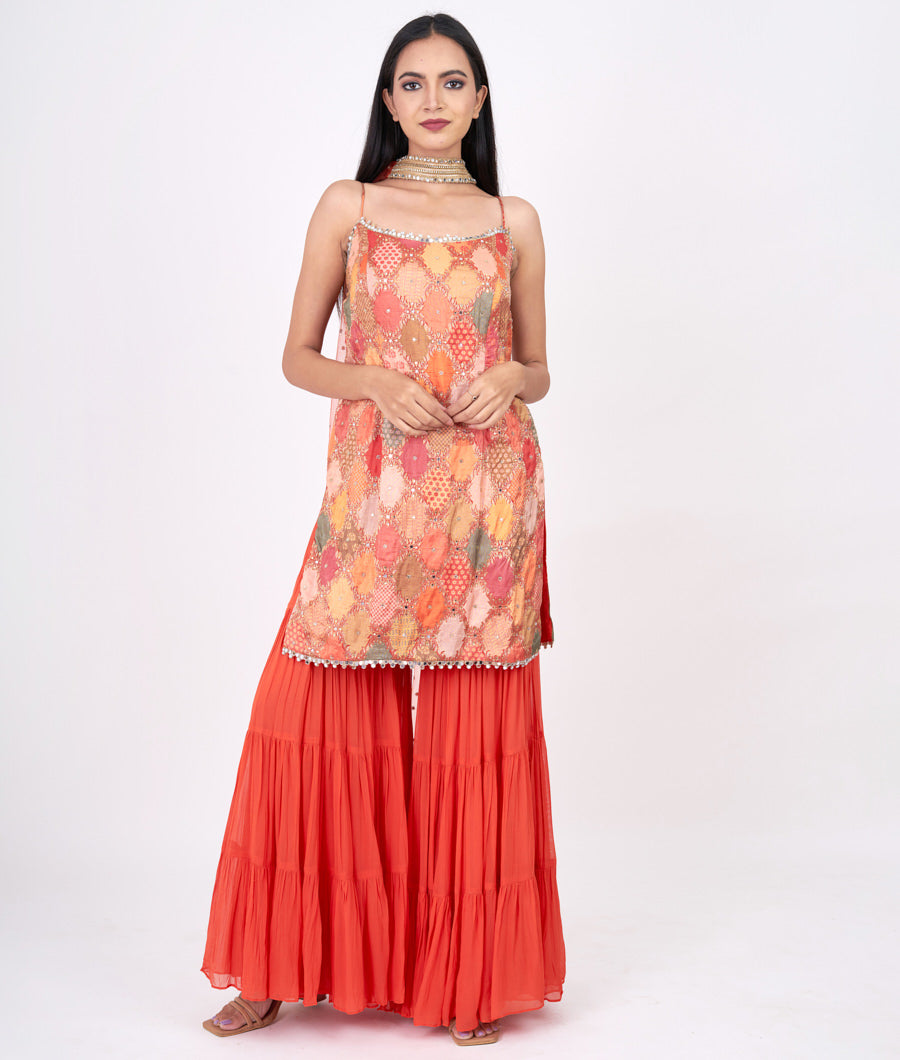 Orange Mirror With Stone And Dupatta Sequins Work Straight Cut Top With Sharara Bottom Salwar Kameez