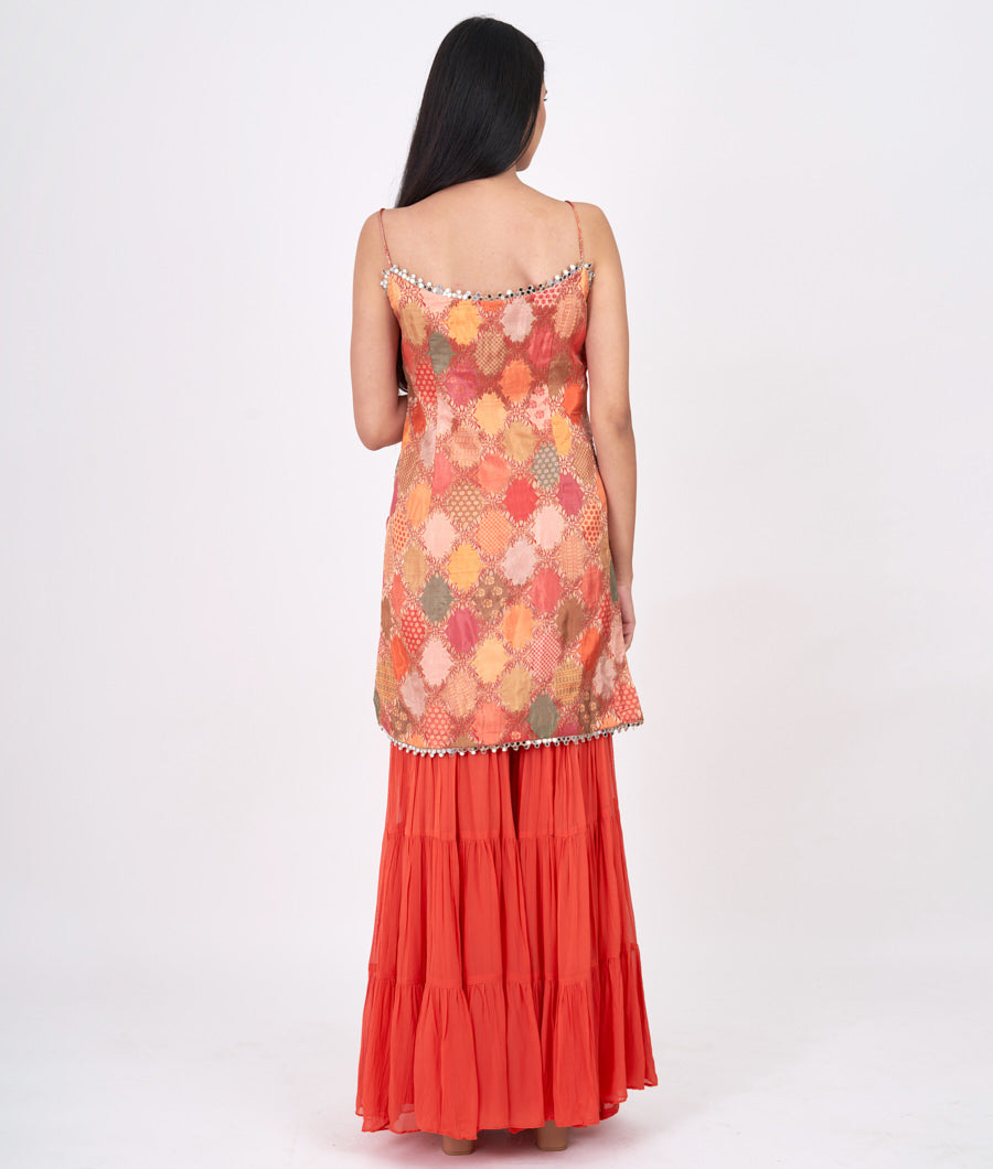 Orange Mirror With Stone And Dupatta Sequins Work Straight Cut Top With Sharara Bottom Salwar Kameez