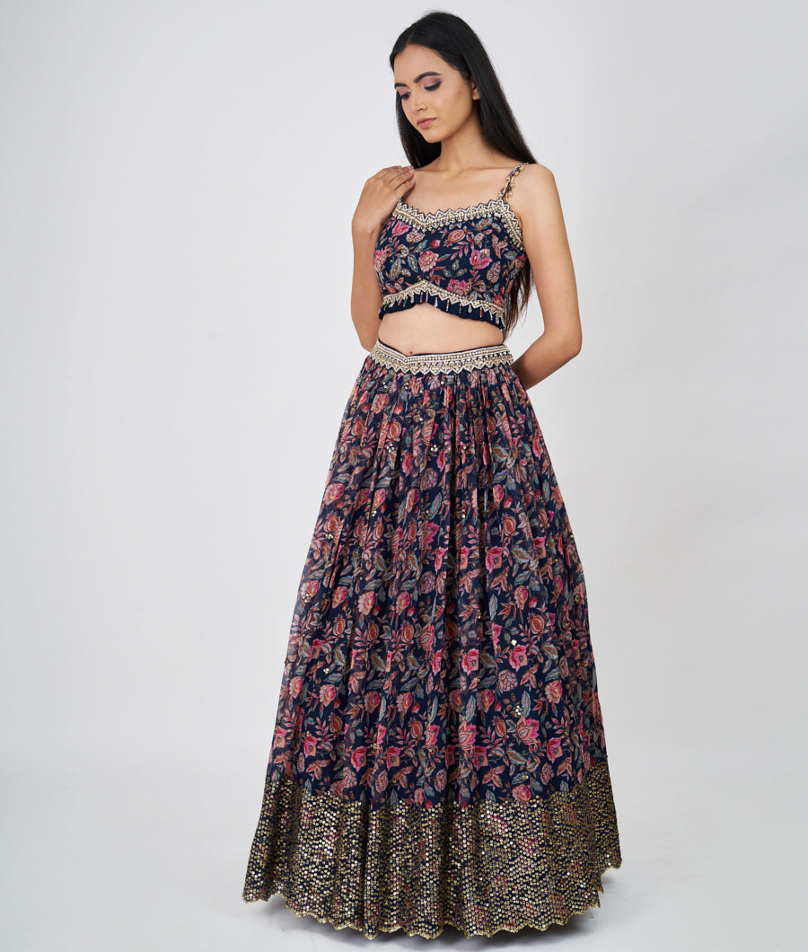 Navy Blue Floral Print With Cutdana And Sequins And Jarkan Work  Lehenga