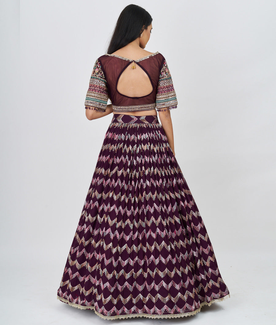 Wine Multi Color Thread And Zari Embroidery With Sequins And Zardosi And Jarkan Stone Work  Lehenga