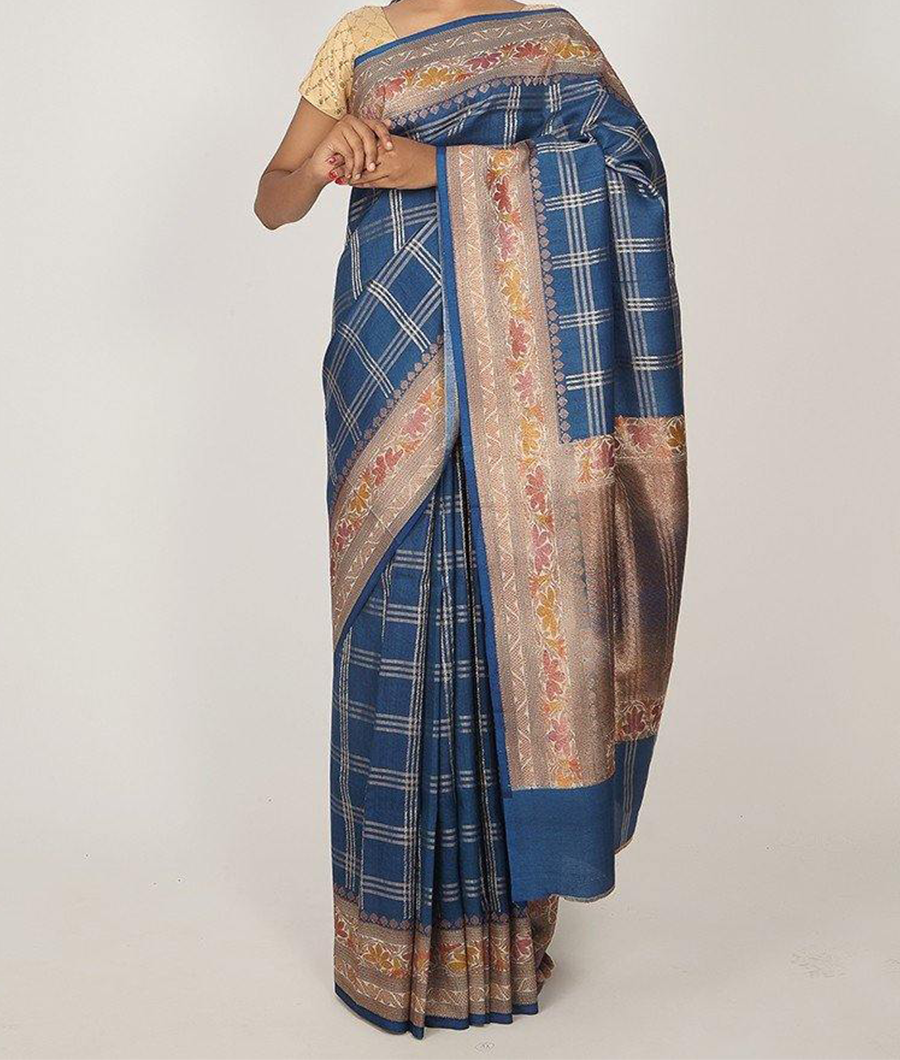 Blue Banarasi Tussar Silk Saree Gold Zari Checkered Body