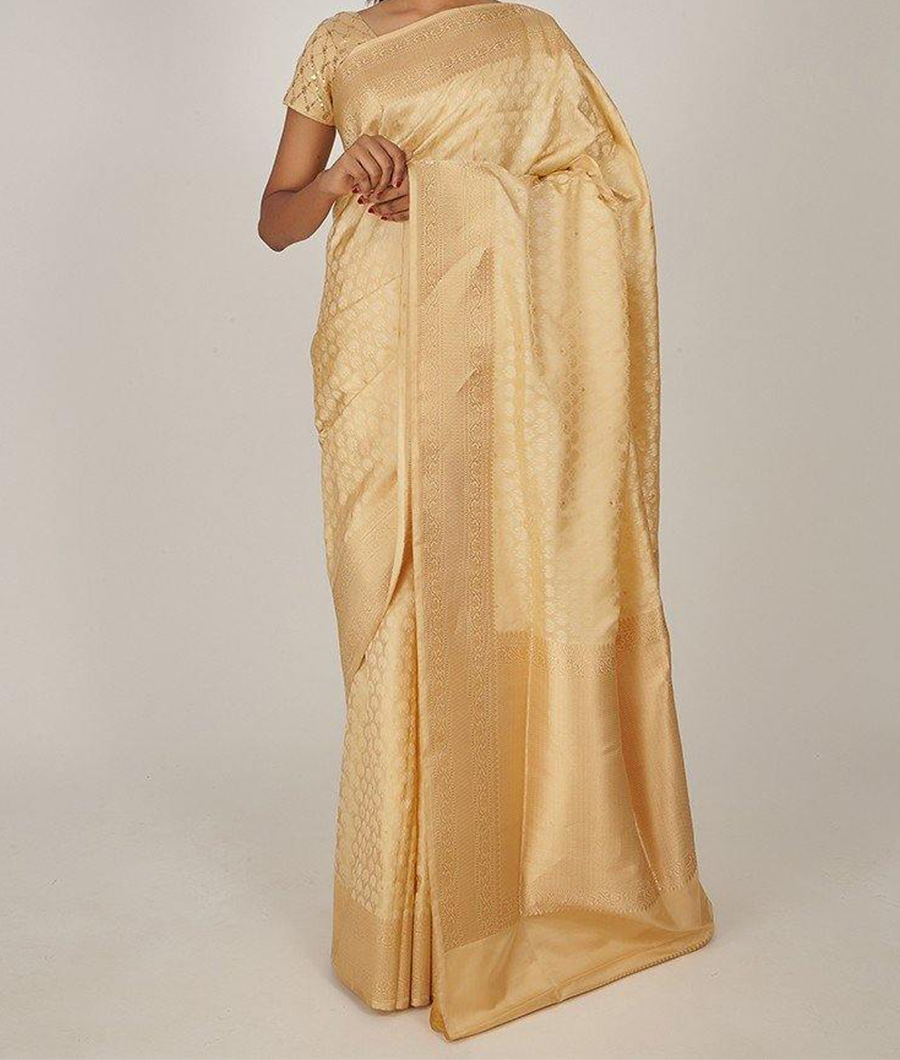 Cream Banarasi Katan Silk Saree Gold Zari Full Thread Weaving With Zari Work